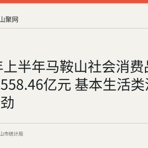 2026年上半年马鞍山社会消费品零售总额558.46亿元 基本生活类消费增长强劲