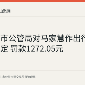 马鞍山市公管局对马家慧作出行政处罚决定 罚款1272.05元
