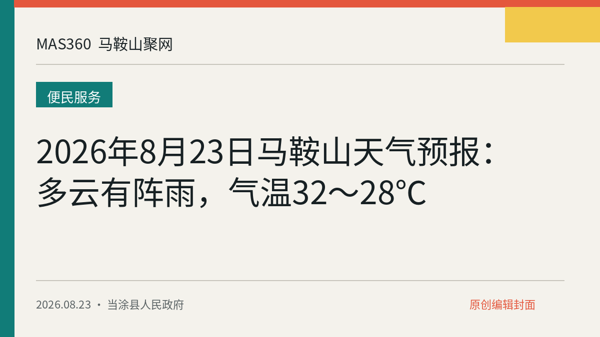 2026年8月23日马鞍山天气预报：多云有阵雨，气温32～28℃
