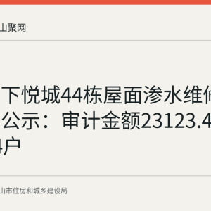 达观天下悦城44栋屋面渗水维修资金使用公示：审计金额23123.42元列支24户