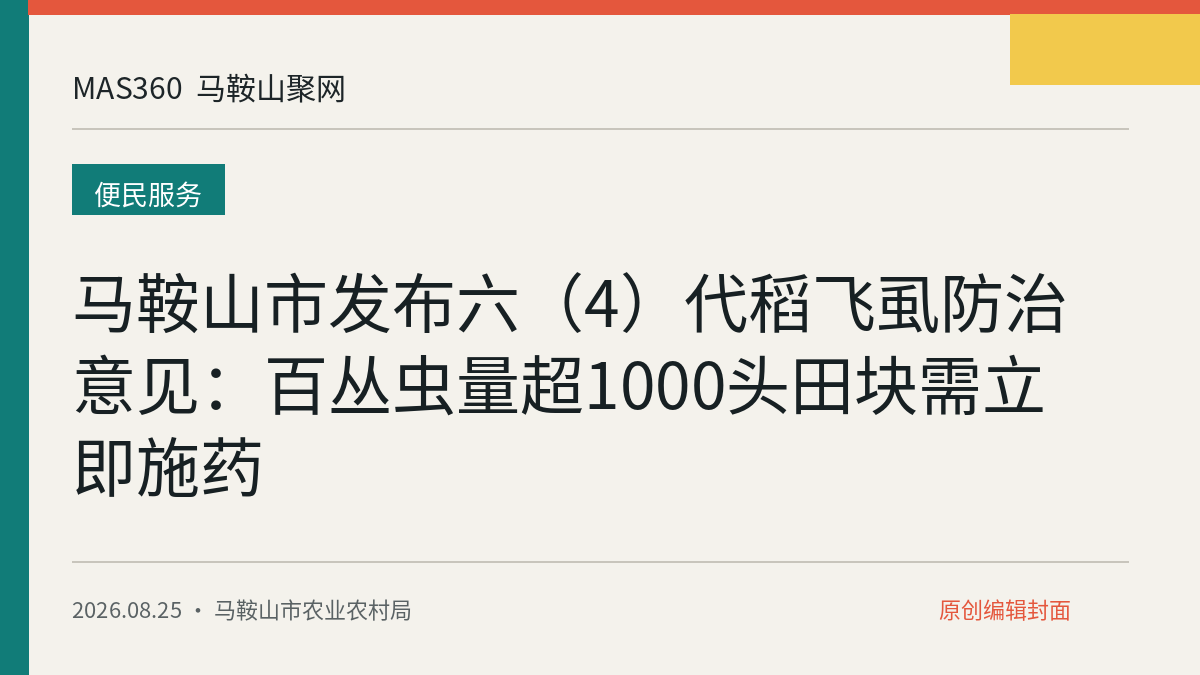 马鞍山市发布六（4）代稻飞虱防治意见：百丛虫量超1000头田块需立即施药