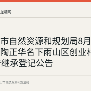马鞍山市自然资源和规划局8月28日发布陶正华名下雨山区创业村3-204房产继承登记公告