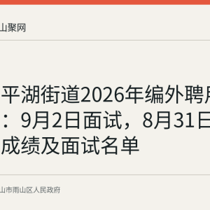 雨山区平湖街道2026年编外聘用人员招聘：9月2日面试，8月31日公布笔试成绩及面试名单