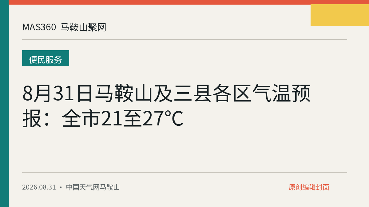 8月31日马鞍山及三县各区气温预报：全市21至27℃