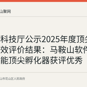 安徽省科技厅公示2025年度顶尖孵化器绩效评价结果：马鞍山软件园人工智能顶尖孵化器获评优秀
