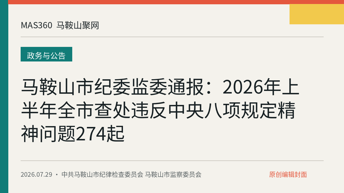 马鞍山市纪委监委通报：2026年上半年全市查处违反中央八项规定精神问题274起