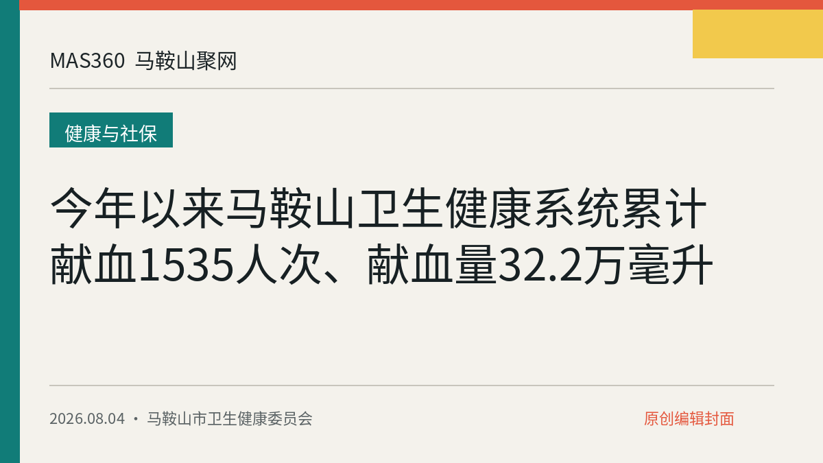 今年以来马鞍山卫生健康系统累计献血1535人次、献血量32.2万毫升