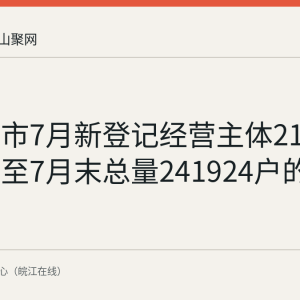 马鞍山市7月新登记经营主体2125户：截至7月末总量241924户的统计资料